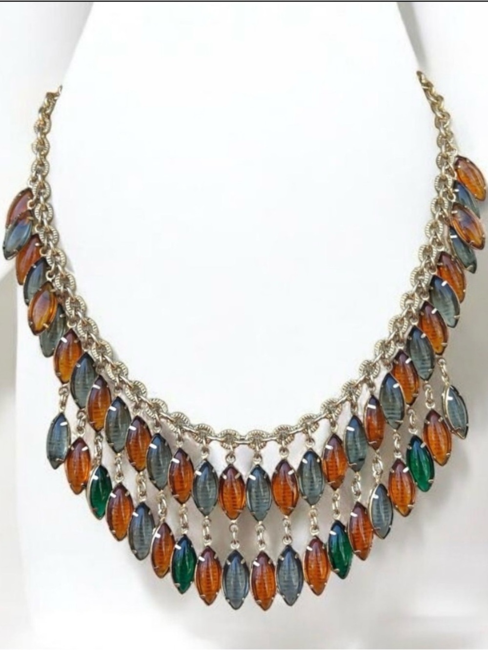 Vintage glass bib necklace Amber, gray, green prong-set ovals, etched gold chain
